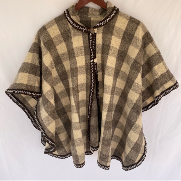 Jackets & Blazers - Wool Buffalo Check Buttoned Collared Cape One Size Fits Most Brown Tan Neutral